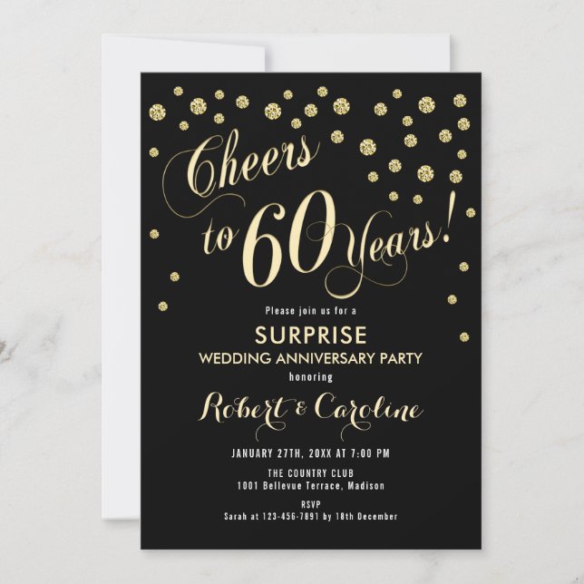 Surprise 60th Wedding Anniversary - Black & Gold Invitation (Front)