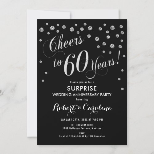 Surprise 60th Wedding Anniversary _ Black  Silver Invitation