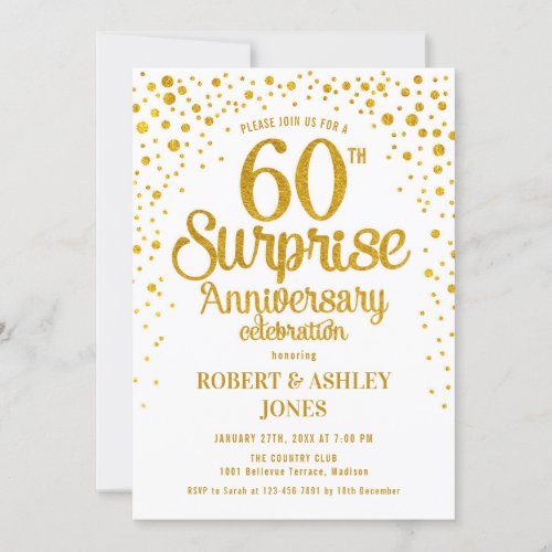 Surprise 60th Wedding Anniversary _ Gold  White Invitation