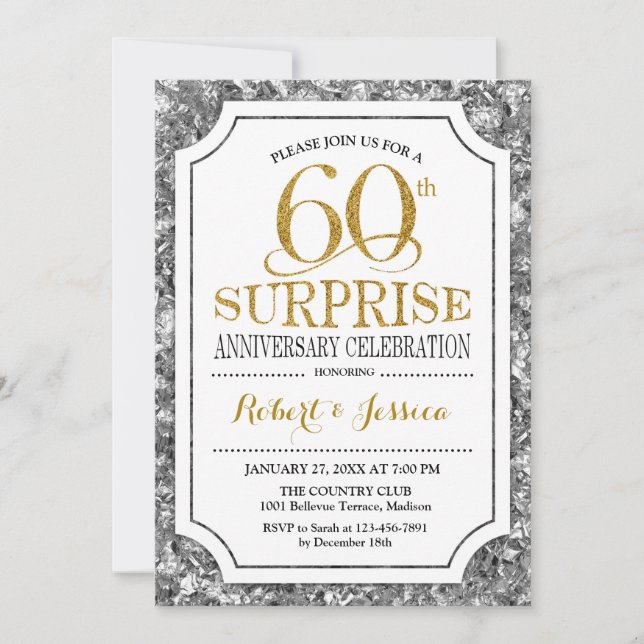 Surprise 60th Wedding Anniversary - Silver Gold Invitation (Front)