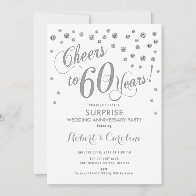 Surprise 60th Wedding Anniversary - White & Silver Invitation (Front)