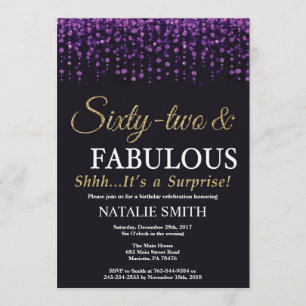 Surprise 62nd Birthday Purple and Gold Glitter Invitation