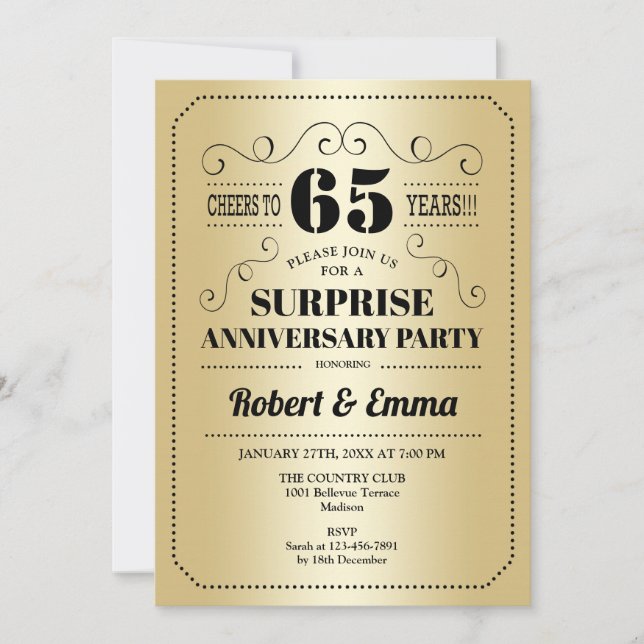 Surprise 65th Anniversary Party - Gold Black Invitation (Front)