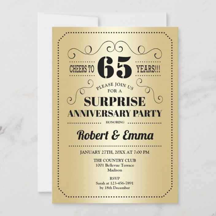 Surprise 65th Anniversary Party - Gold Black Invitation | Zazzle