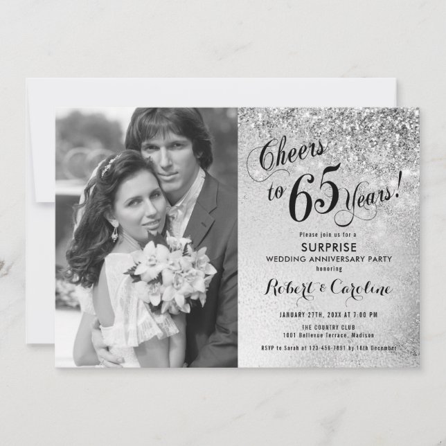 Surprise 65th Anniversary with Photo - Silver Invitation (Front)