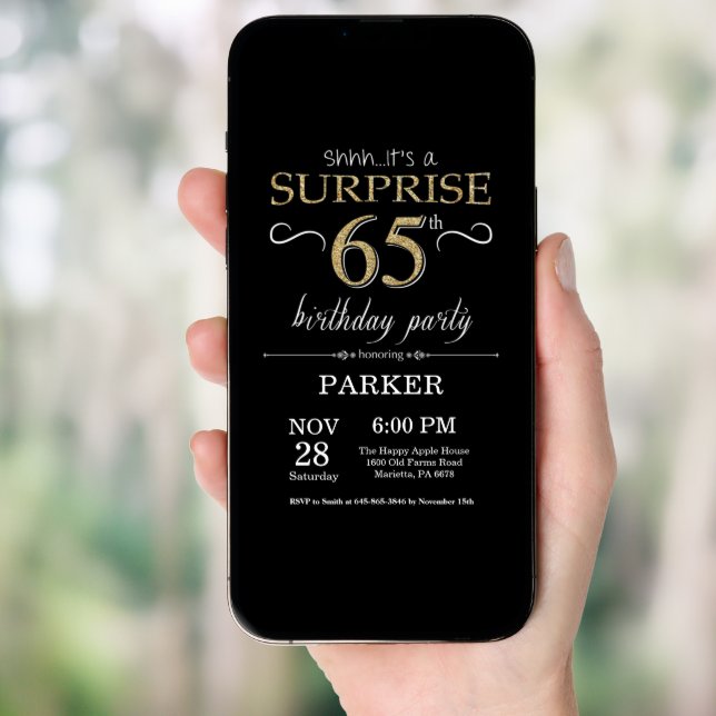 Surprise 65th Birthday Invitation Black and Gold (Front Digital)