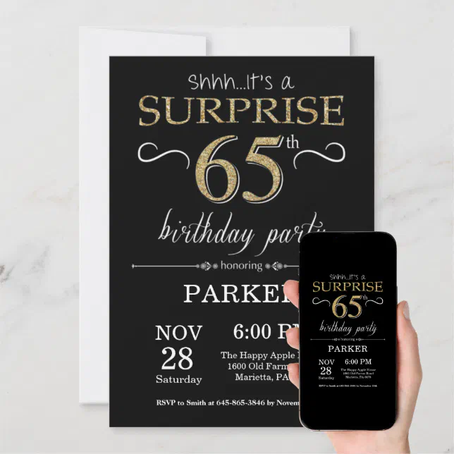 Surprise 65th Birthday Invitation Black and Gold | Zazzle