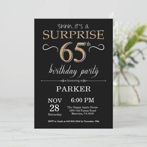 Surprise 65th Birthday Invitation Black and Gold | Zazzle