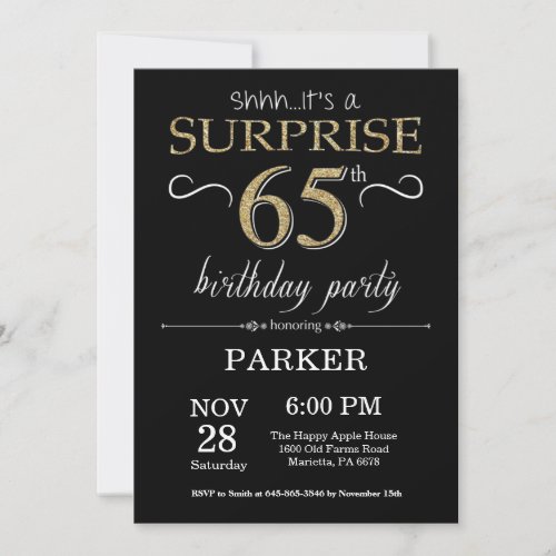 Surprise 65th Birthday Invitation Black and Gold