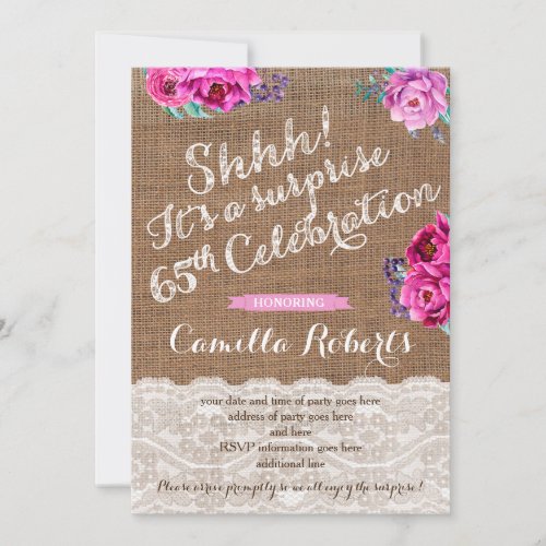 Surprise 65th Birthday Party Invite Cards Woman