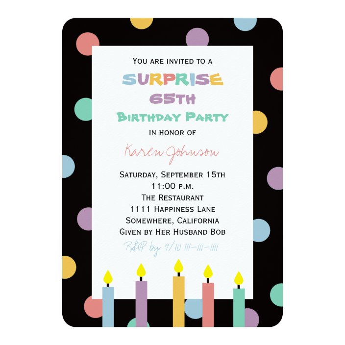 Surprise 65th Birthday Party Pretty Candles Invitation | Zazzle.com