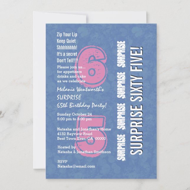 SURPRISE 65th Modern Birthday Blue and Pink V04 Invitation (Front)