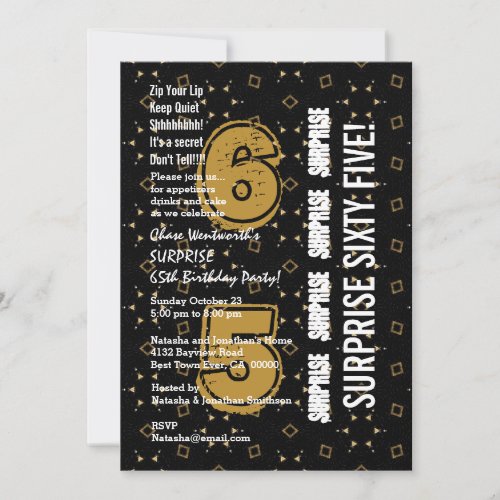 SURPRISE 65th Modern Birthday Gold and Black W199A Invitation