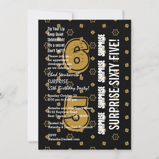 SURPRISE 65th Modern Birthday Gold and Black W199B Invitation (Front)