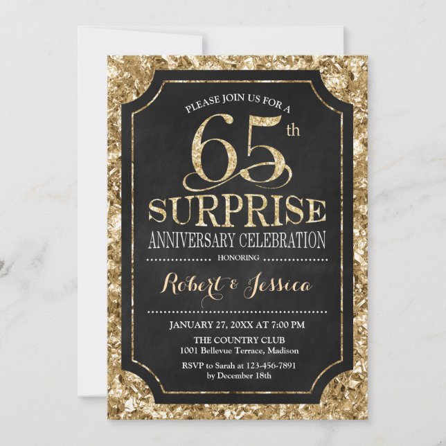 Surprise 65th Wedding Anniversary - Black Gold Invitation (Front)
