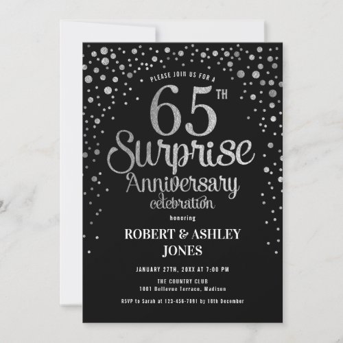Surprise 65th Wedding Anniversary _ Black  Silver Invitation