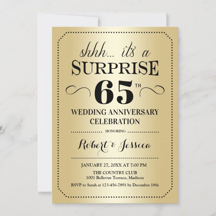 Surprise 65th Wedding Anniversary - Gold Black Invitation | Zazzle