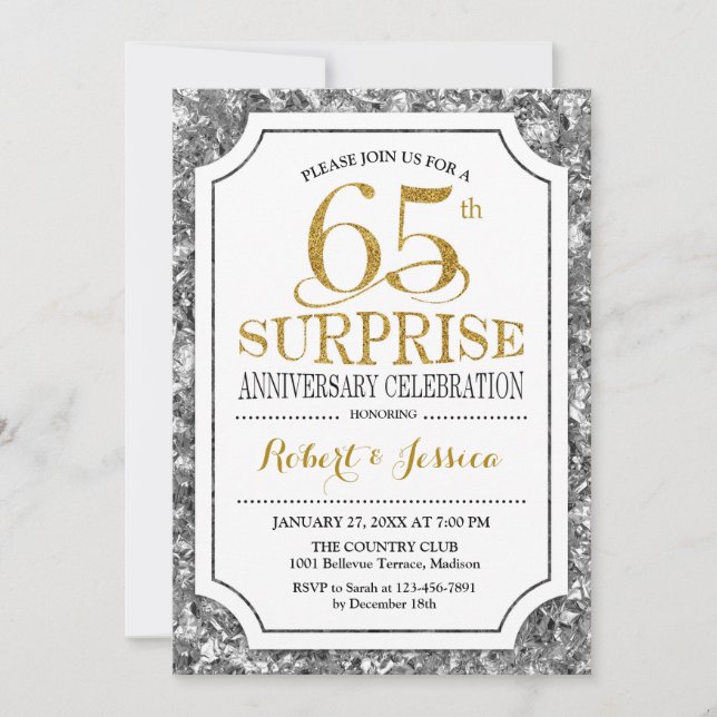 Surprise 65th Wedding Anniversary - Silver Gold Invitation (Front)