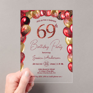 Surprise 69th Birthday Party Gold Burgundy Glitter Acrylic Invitations