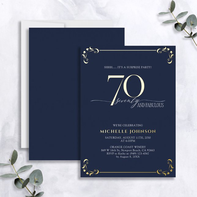 Surprise 70 & Fabulous Blue & Gold Birthday Foil Invitation (Creator Uploaded)