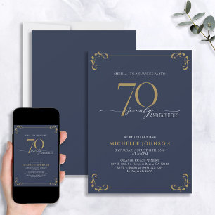 Surprise 70 & Fabulous Blue White & Gold Birthday Invitation