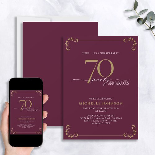 Surprise 70  Fabulous Burgundy  Gold Birthday Invitation