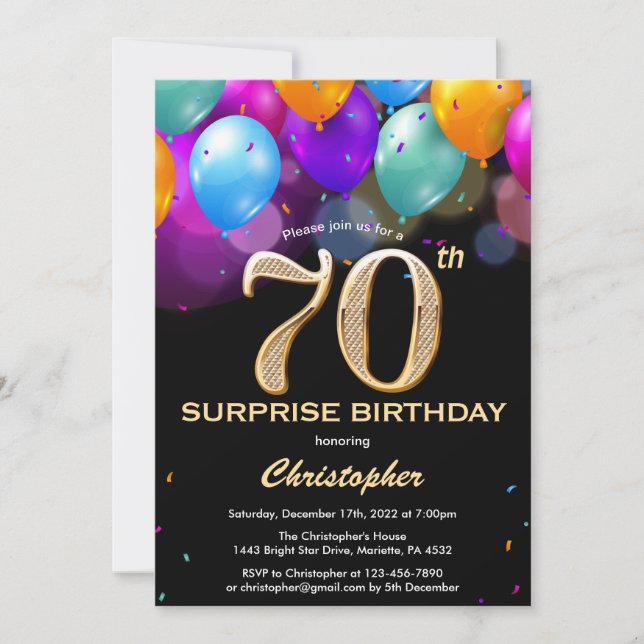 Surprise 70th Birthday Black and Gold Balloons Invitation (Front)