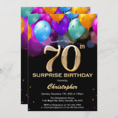 Surprise 70th Birthday Black and Gold Balloons Invitation (Front/Back)