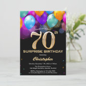 Surprise 70th Birthday Black and Gold Balloons Invitation (Standing Front)