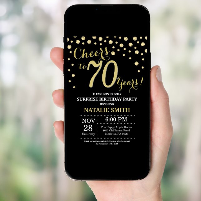 Surprise 70th Birthday Black and Gold Diamond Invitation (Front Digital)