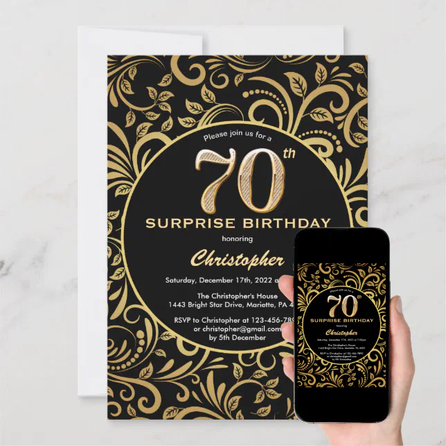 Surprise 70th Birthday Black And Gold Floral Invitation Zazzle