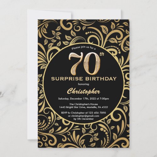 Surprise 70th Birthday Black and Gold Floral Invitation