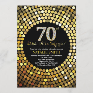 Surprise 70th Birthday Black and Gold Glitter Invitation