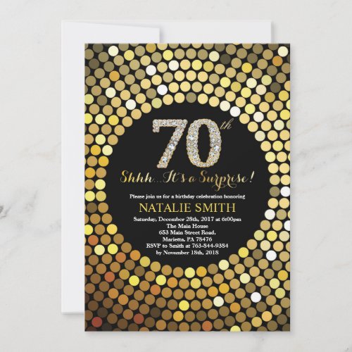 Surprise 70th Birthday Black and Gold Glitter Invitation