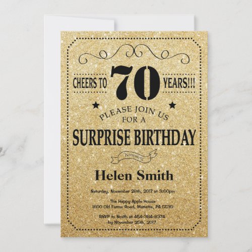 Surprise 70th Birthday Black and Gold Glitter Invitation