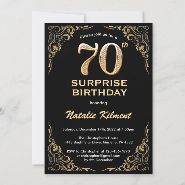 Surprise 70th Birthday Black and Gold Glitter Invitation (Front)
