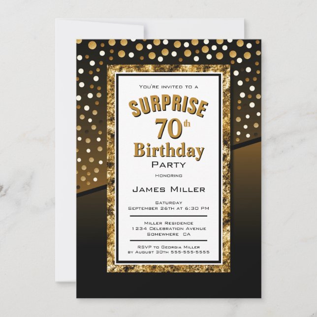 Surprise 70th Birthday Black and Gold Invitation (Front)