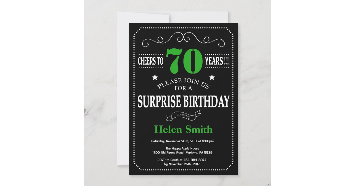 Surprise 70th Birthday Black and Green Chalkboard Invitation | Zazzle