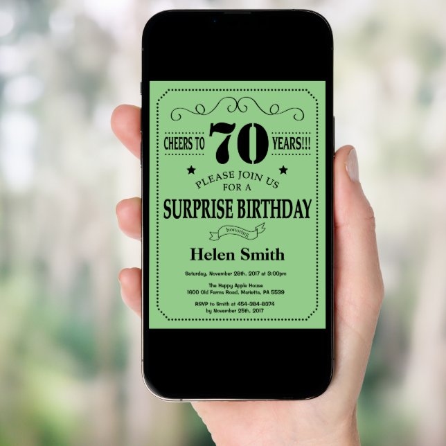 Surprise 70th Birthday Black and Green Invitation (Front Digital)