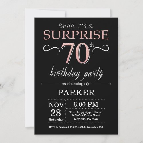 Surprise 70th Birthday Black and Rose Pink Gold Invitation