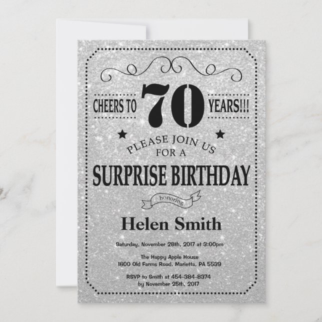 Surprise 70th Birthday Black and Silver Glitter Invitation (Front)