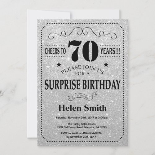 Surprise 70th Birthday Black and Silver Glitter Invitation
