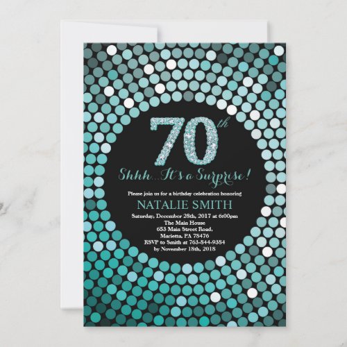 Surprise 70th Birthday Black and Teal Glitter Invitation
