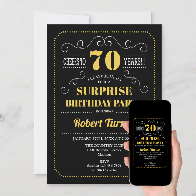 Surprise 70th Birthday - Black Gold Invitation | Zazzle