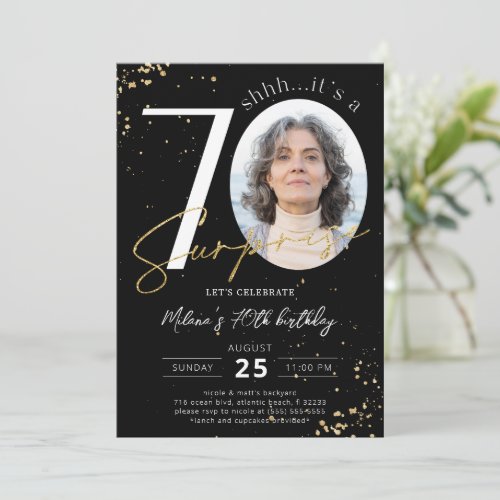 Surprise 70th Birthday Black Gold Photo Invitation