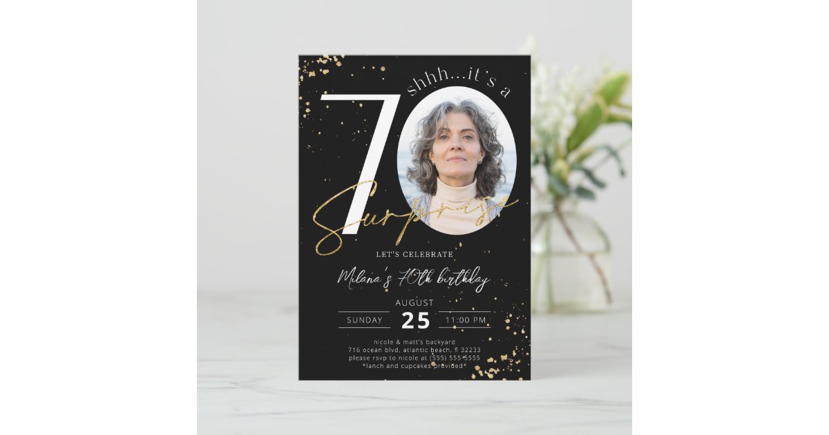 Surprise 70th Birthday Black Gold Photo Invitation | Zazzle