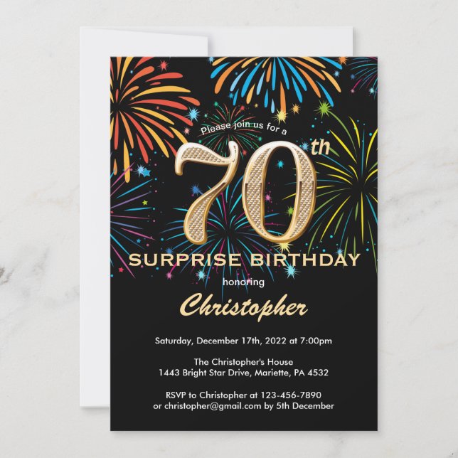 Surprise 70th Birthday Black Gold Rainbow Firework Invitation (Front)