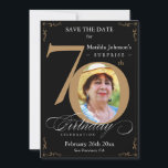 Surprise 70th Birthday Black Gold Save The Date Invitation<br><div class="desc">Surprise 70th Birthday Black Gold Save The Date Invitation. An elegantly designed special birthday celebration save the date featuring a custom photo of birthday person and script calligraphy with vintage flourish elements. Simple enough to fit a variety of themes and colors!
Need help? Simply contact me!</div>