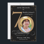 Surprise 70th Birthday Black Gold Save The Date Invitation<br><div class="desc">Surprise 70th Birthday Black Gold Save The Date Invitation. An elegantly designed special birthday celebration save the date featuring a custom photo of birthday person and script calligraphy with vintage flourish elements. Simple enough to fit a variety of themes and colors!
Need help? Simply contact me!</div>