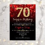 Surprise 70th Birthday - Black Red Gold Invitation<br><div class="desc">Surprise 70th Birthday Invitation.
Elegant red black design with faux glitter gold. Adult birthday. Features diamonds,  bokeh lights and script font. Men or women bday invite.  Perfect for a stylish birthday party. Message me if you need further customization.</div>